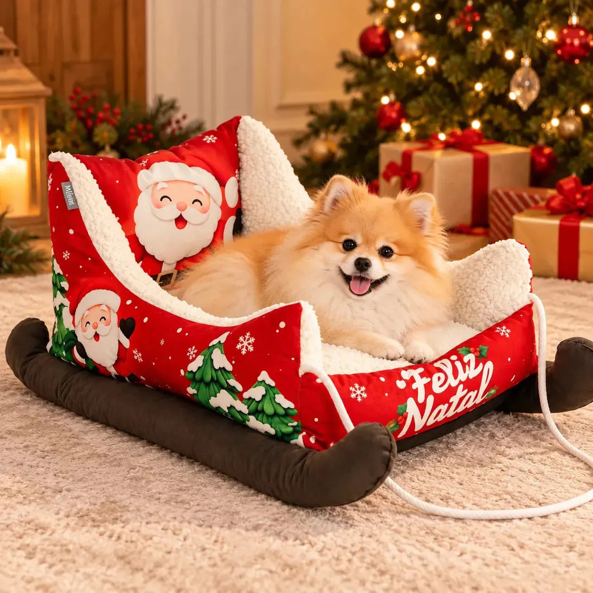 Cama Trenó Natalina Aconchegante para Cachorro e Gato até 10kg 65x45cm Mileva Store