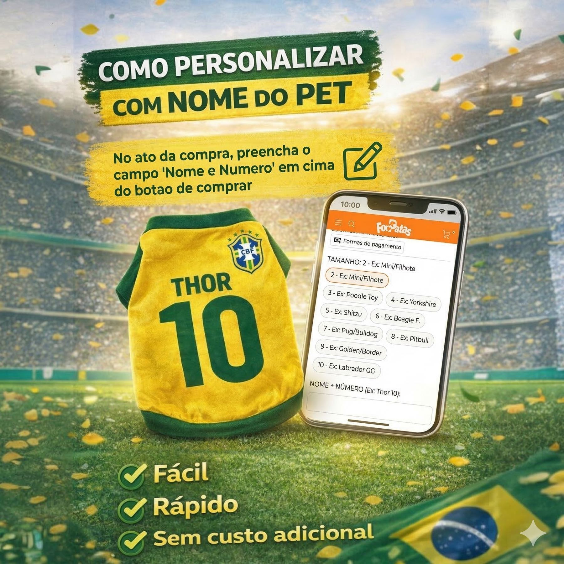 Roupinha Personalizada Copa do Mundo Brasil com Nome e Número para Cachorro e Gato Tecido Respirável ForPatas™