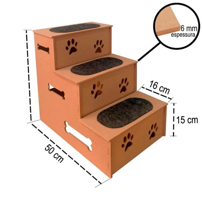 Escada Pet em MDF com Carpete Antiderrapante 3 Degraus – ForPatas™
