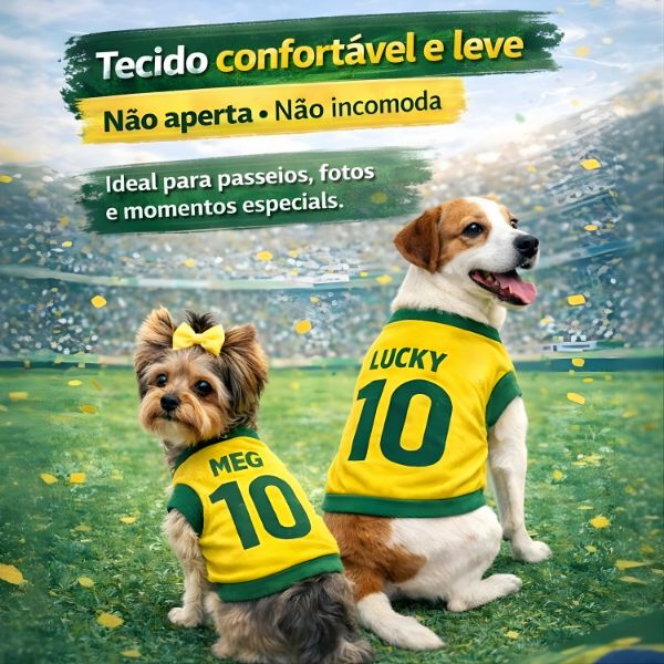 Roupinha Personalizada Copa do Mundo Brasil com Nome e Número para Cachorro e Gato Tecido Respirável ForPatas™