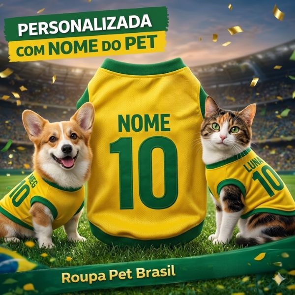 Roupinha Personalizada Copa do Mundo Brasil com Nome e Número para Cachorro e Gato Tecido Respirável ForPatas™
