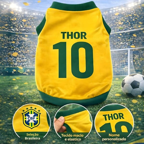 Roupinha Personalizada Copa do Mundo Brasil com Nome e Número para Cachorro e Gato Tecido Respirável ForPatas™