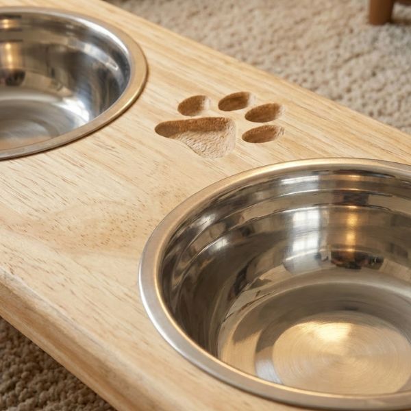 Comedouro Elevado Duplo com Potes Inox e Base em Pinus para Cachorro e Gato WoodBowl™
