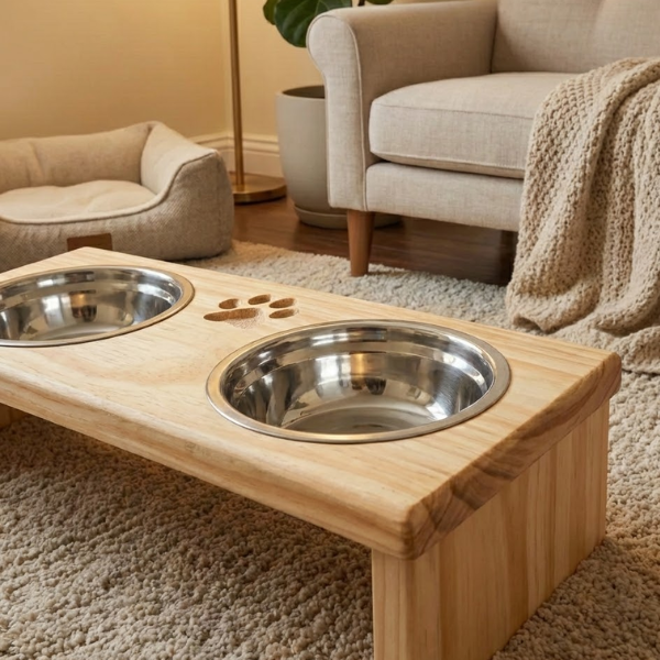 Comedouro Elevado Duplo com Potes Inox e Base em Pinus para Cachorro e Gato WoodBowl™