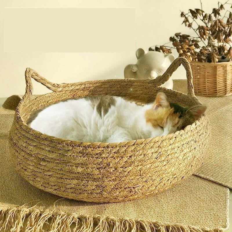 Cama Cesto para Gatos em Fibra Natural com Almofada – Snouty™ | Aconchego, Estilo e Conforto Natural