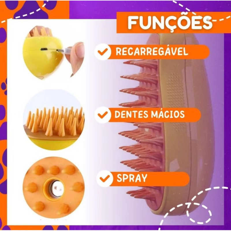 3 em 1 Escova a Vapor Para Gatos e Cães Autolimpante Massagem Remover de Pêlos Recarregável USB