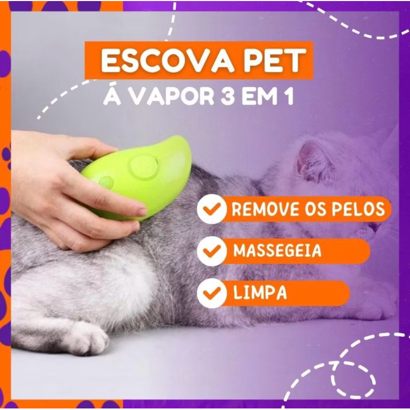 3 em 1 Escova a Vapor Para Gatos e Cães Autolimpante Massagem Remover de Pêlos Recarregável USB