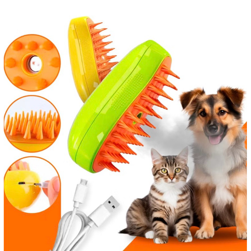 3 em 1 Escova a Vapor Para Gatos e Cães Autolimpante Massagem Remover de Pêlos Recarregável USB