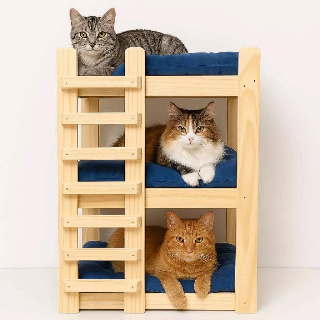 Cama Treliche Madeira Maciça 3 Andares com Colchão Lavável para Cachorro e Gato Woodzy™