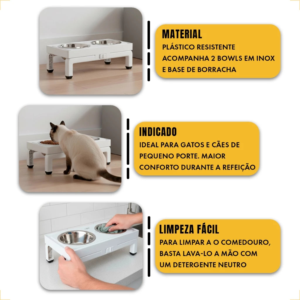 Comedouro Bebedouro Duplo Ajustável Inclinado 750ml Branco – Lupzy™ | Mais Conforto e Digestão Saudável