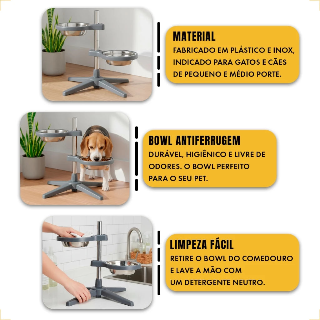 Comedouro Bebedouro Duplo Elevado Ajustável Inox 1L – Lupzy™ | Postura Saudável e Mais Conforto