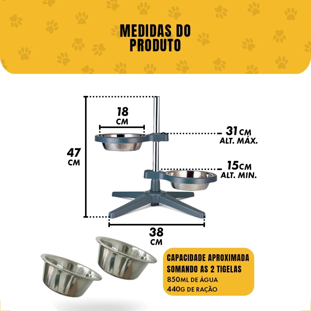 Comedouro Bebedouro Duplo Elevado Ajustável Inox 1L – Lupzy™ | Postura Saudável e Mais Conforto
