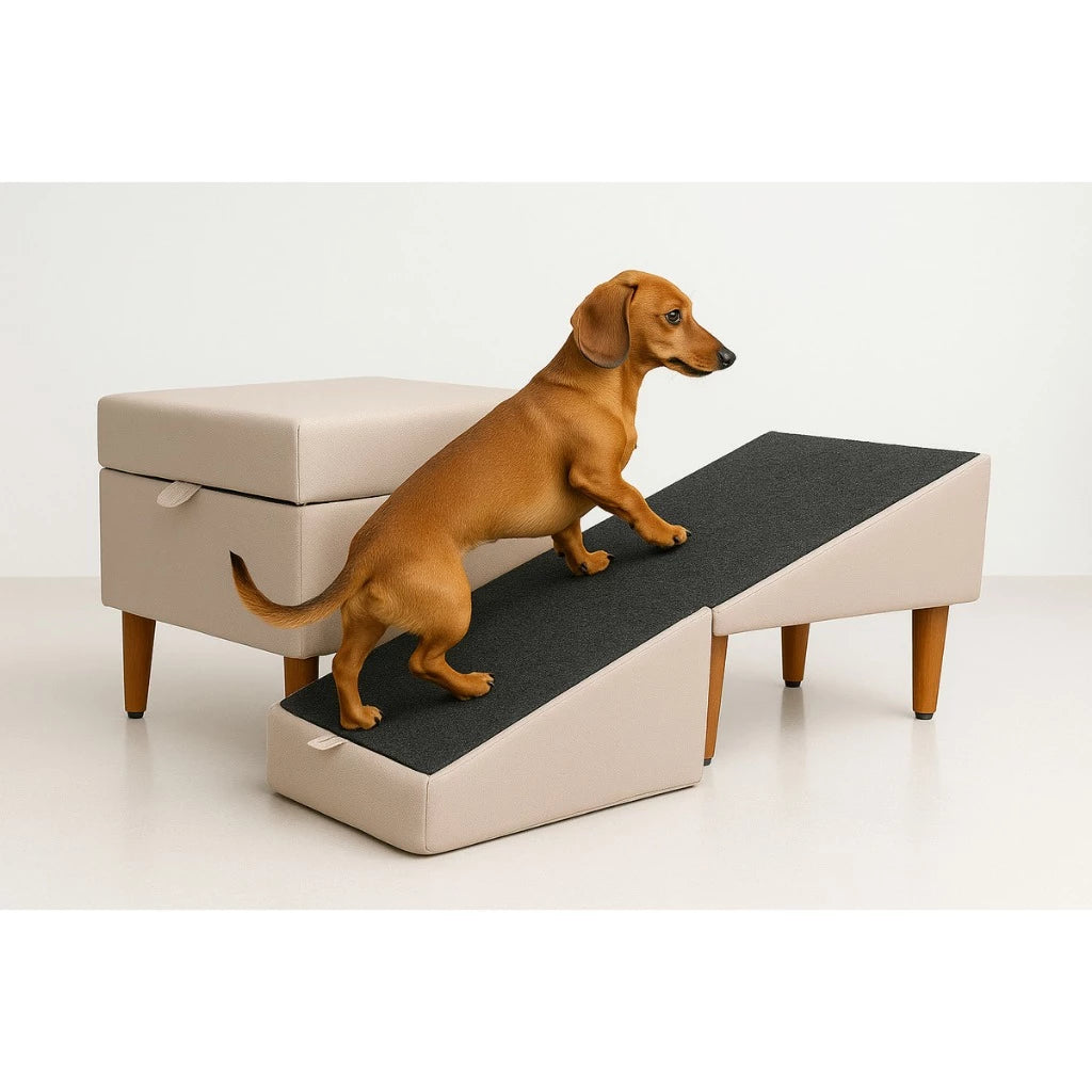 Rampa Escada Vira Puff Pet 2em1 em Suede Antiderrapante – Snouty™ | Acesso Seguro e Conforto Diário