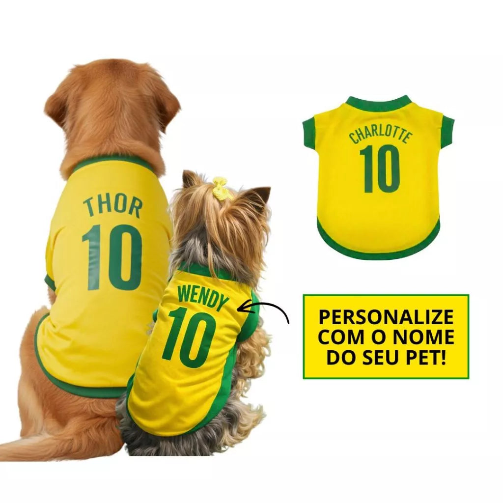 Roupinha Personalizada Copa do Mundo Brasil com Nome e Número para Cachorro e Gato Tecido Respirável ForPatas™