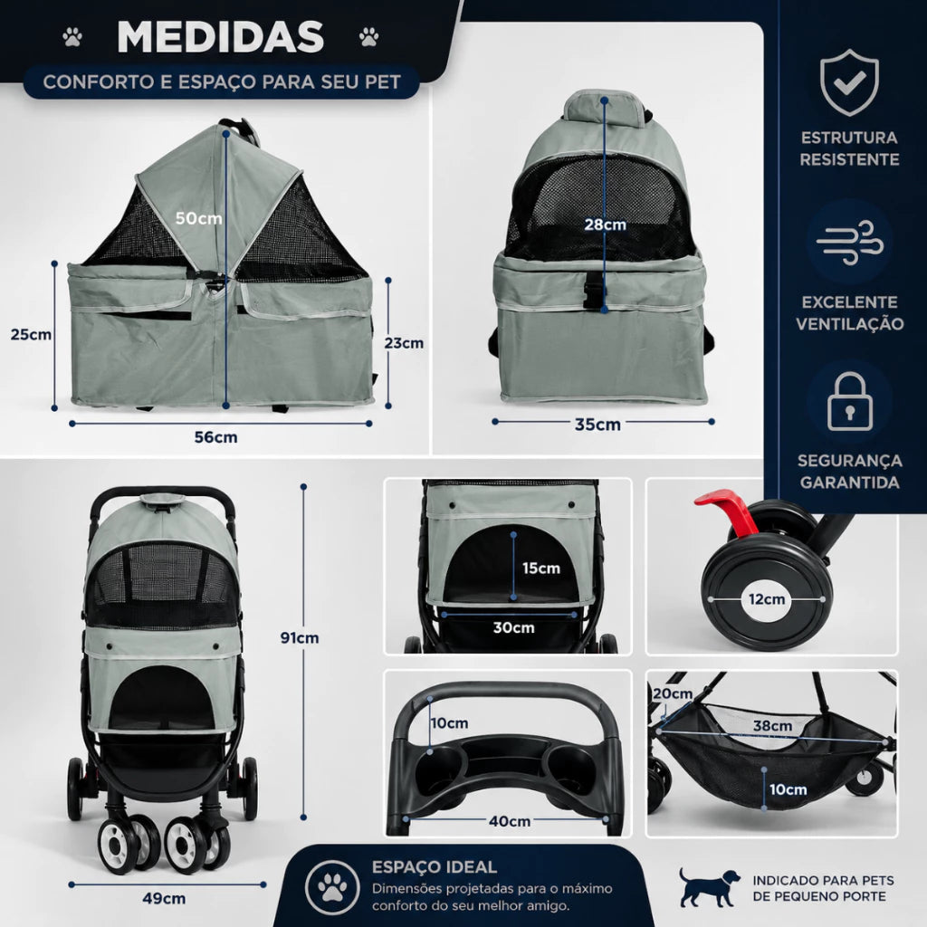 Carrinho Dobrável Ventilado com Porta-Copos para Cachorro e Gato até 15kg Shark Blue