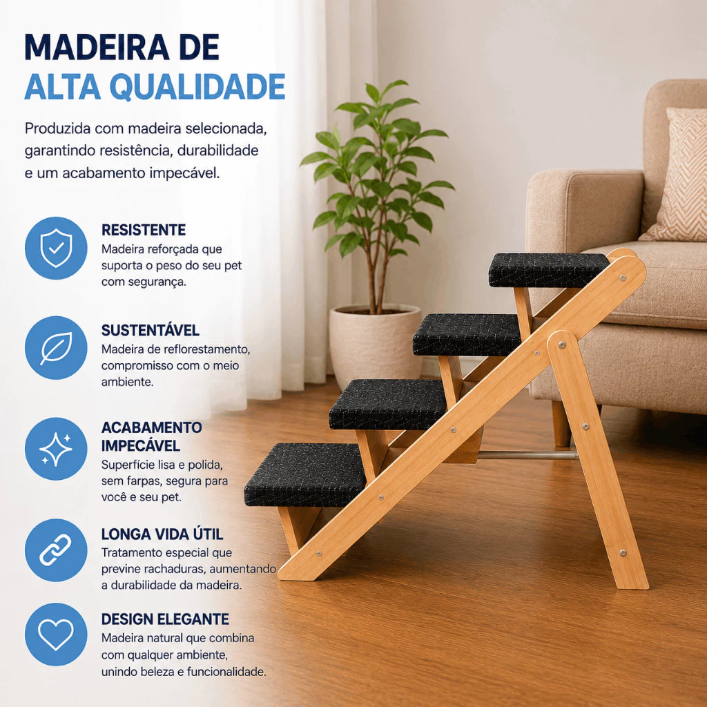 Escada Dobrável Antiderrapante 4 Degraus para Cachorro e Gato até 50kg em Madeira Stepzy™