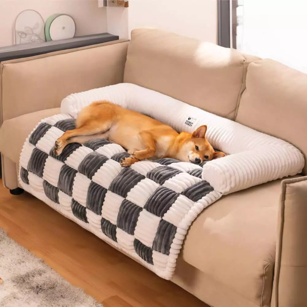 Cama Protetora de Sofá Lavável com Encosto em Pelúcia Quadriculada Antiderrapante para Cachorro CozyGrid™