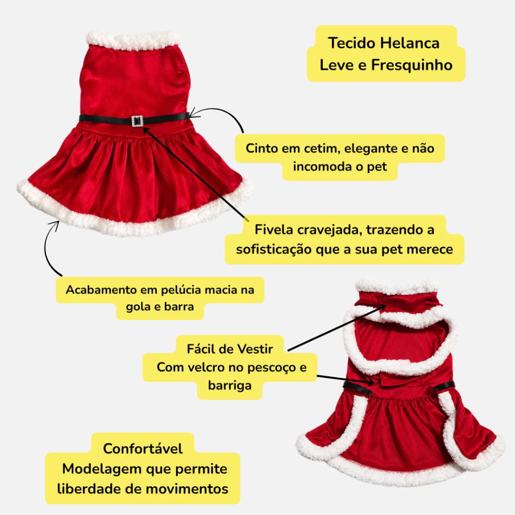 Vestido Natalino Mamãe Noel com Pelúcia e Cinto para Cachorro Tamanhos 0 ao 18 MerryPup™