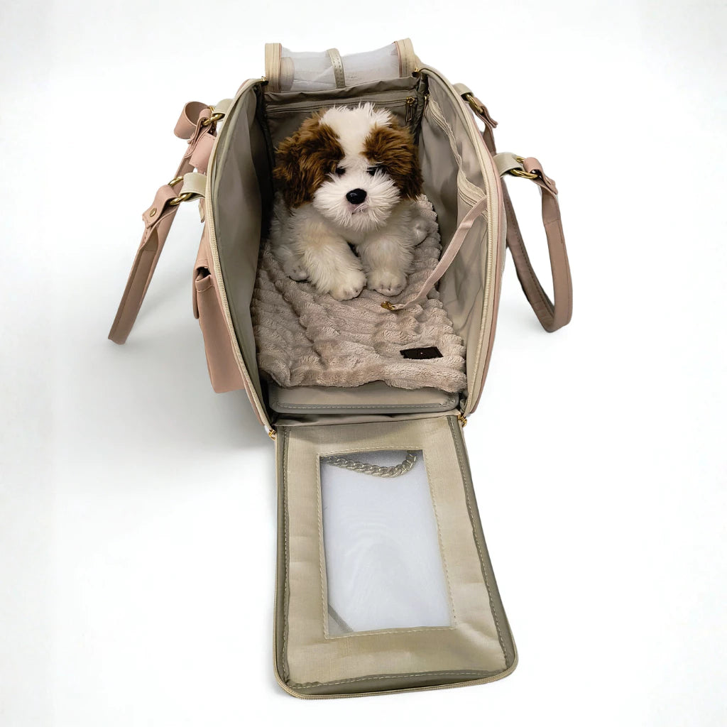 Bolsa de Transporte Luxo Ventilada Marfim e Ouro Rosa para Cachorro e Gato até 5kg