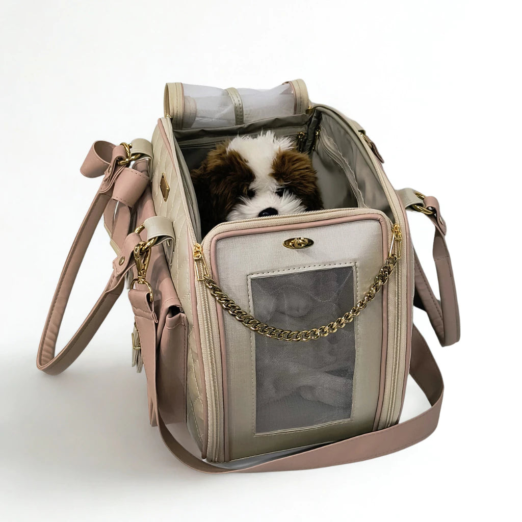 Bolsa de Transporte Luxo Ventilada Marfim e Ouro Rosa para Cachorro e Gato até 5kg