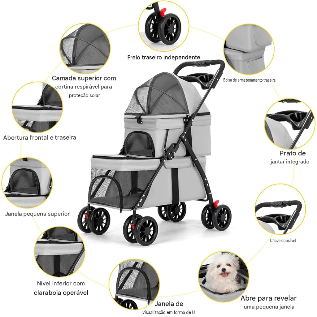 Carrinho PC204 Duplo Dobrável com Rodas 360° para Cachorro e Gato até 30kg com Cestos Independentes PetRoll™