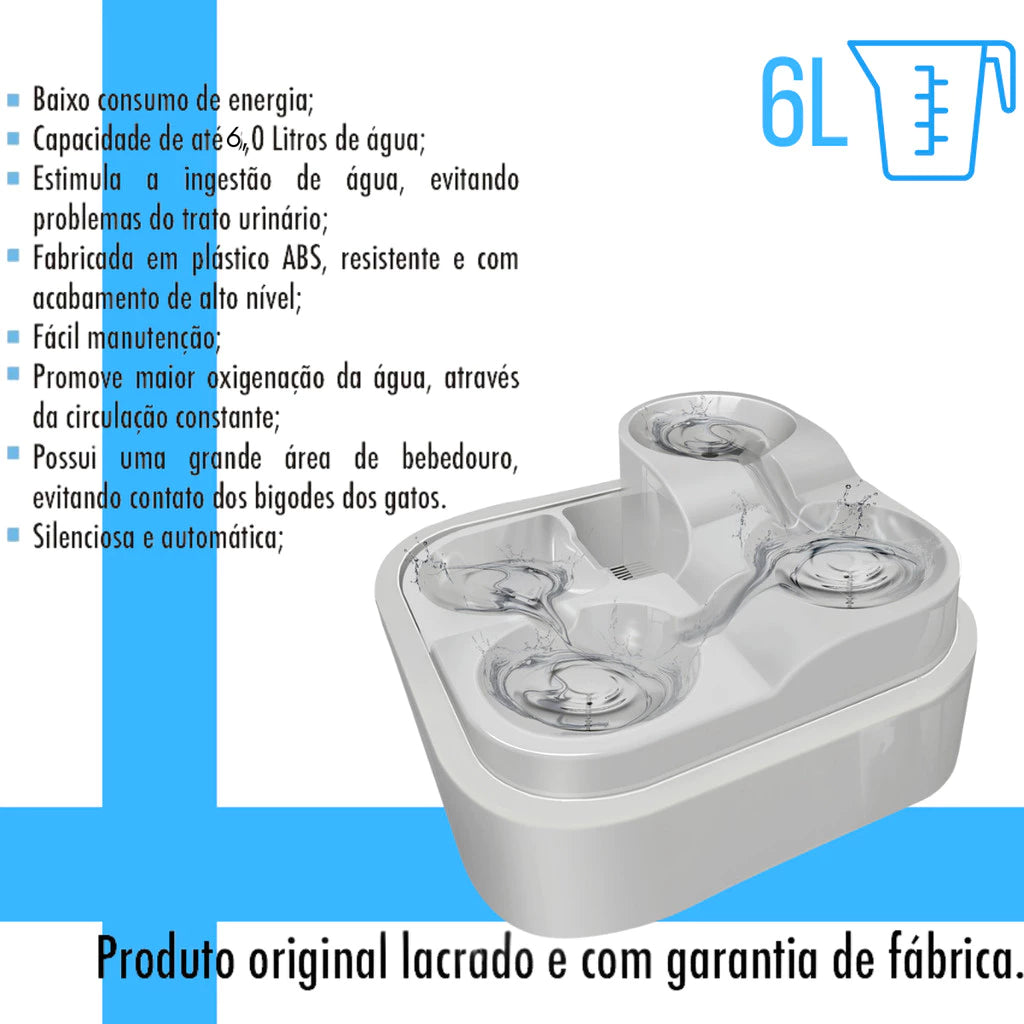 Bebedouro Automático 6L com Fonte Cascata e Filtro de Carvão para Cachorro e Gato Bivolt AquaFlow™