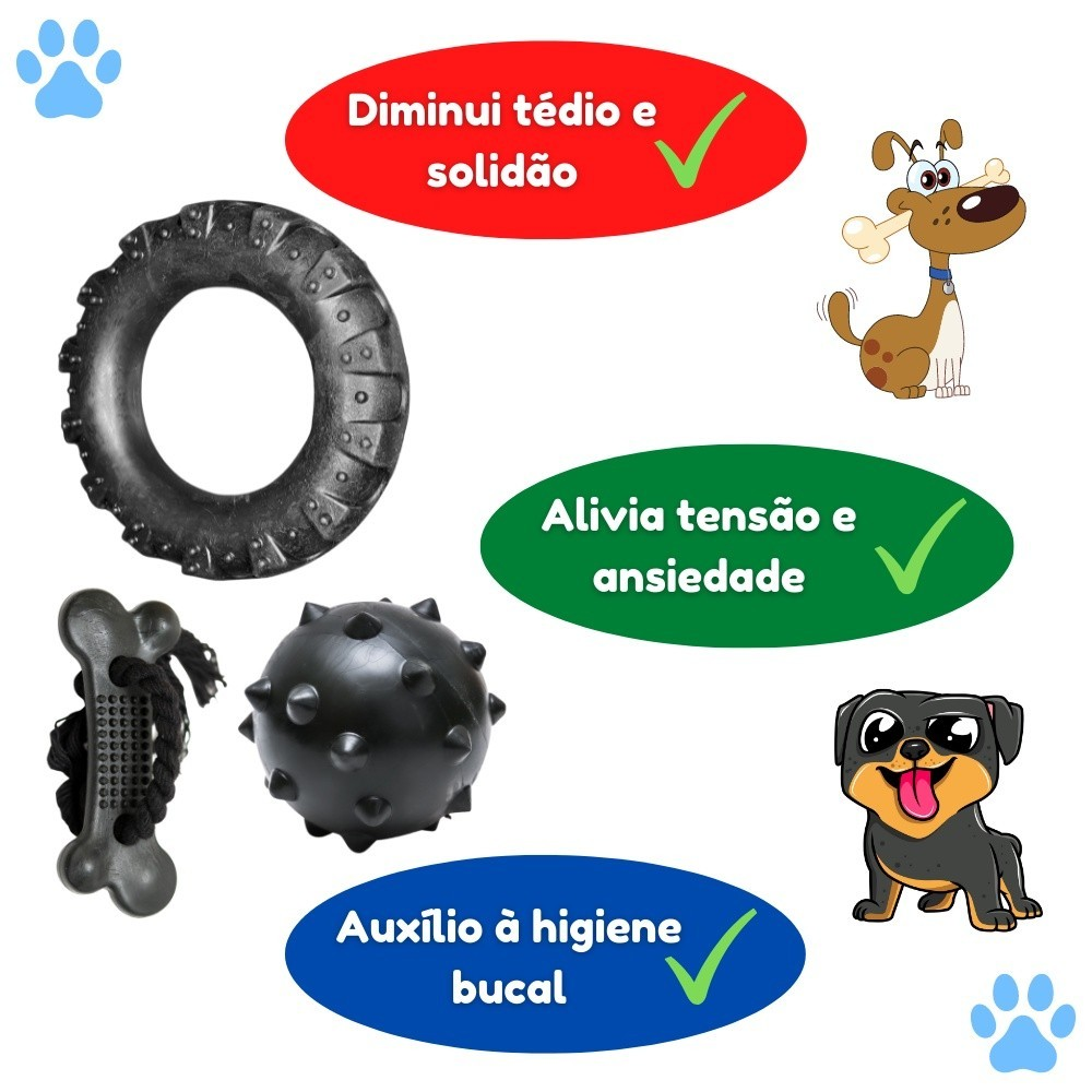 Kit Brinquedo Mordedor para Cachorro Pneu G + Bola Cravo Maciça 75mm + Osso Grande Black com Corda