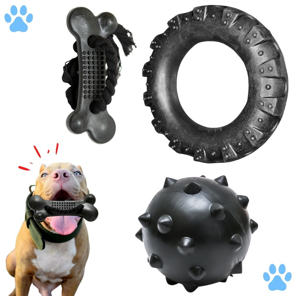 Kit Brinquedo Mordedor para Cachorro Pneu G + Bola Cravo Maciça 75mm + Osso Grande Black com Corda