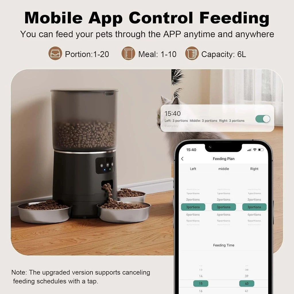 Comedouro Automático Wi-Fi 6L com 3 Tigelas e Temporizador para Cachorro e Gato Newpet™