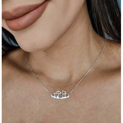 Colar Feminino em Prata 925 com Pingente de Cachorro e Gato – Lupzy™ | Amor Pet Eterno