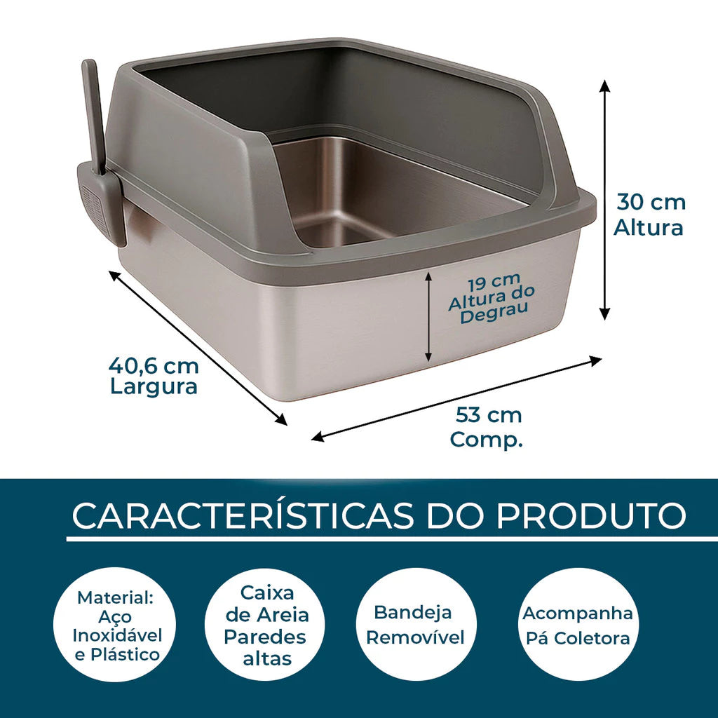 Caixa de Areia Super Premium - Aberta com Bandeja em Aço Inox e Pá Grande – Duty™ | Zero Odor e Máxima Higiene