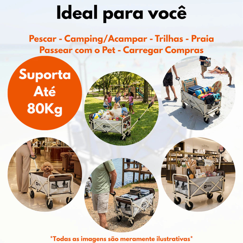 Carrinho Dobrável Multiuso para Cachorro e Gato até 80kg com Rodas Largas e Alça Retrátil Nautika™ - Carrinho Dobrável
