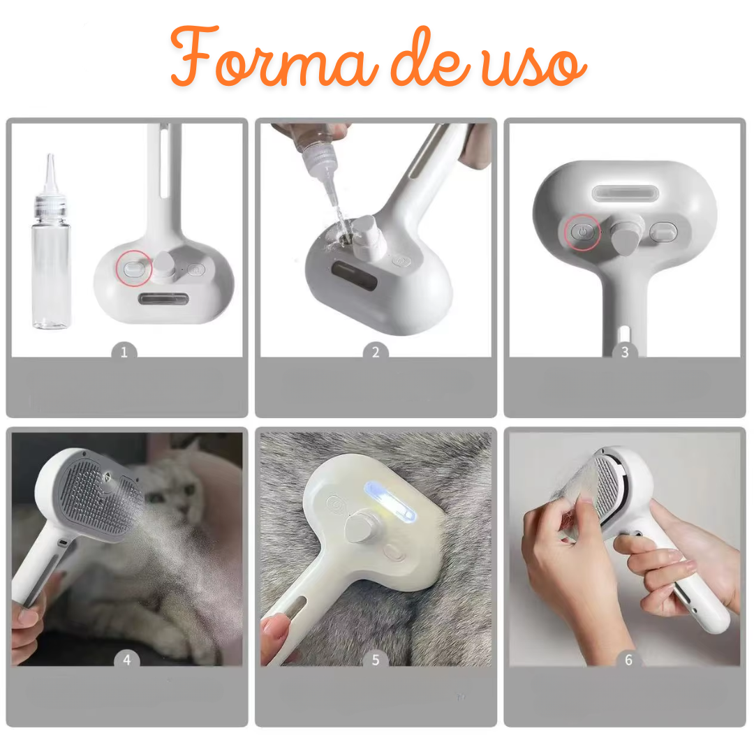Escova Autolimpante Furly™ – Remove Pelos com Spray e Massagem para Pets