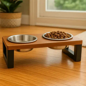 Comedouro Duplo em Madeira Maciça – Tigelas Inox ou Plásticas com Tampa Hermética – ForPatas™