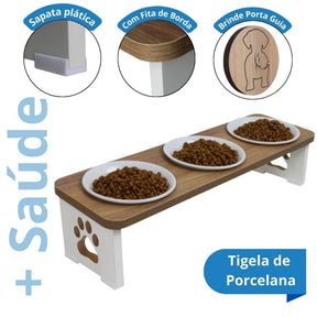 Comedouro Triplo Elevado Premium em MDF com Tigelas Inox/Porcelana – ForPatas™