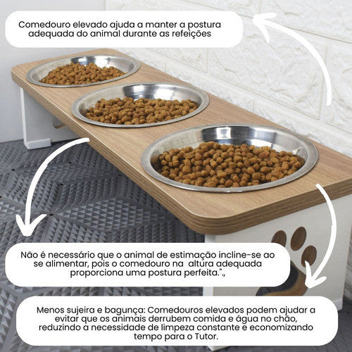 Comedouro Triplo Elevado Premium em MDF com Tigelas Inox/Porcelana – ForPatas™