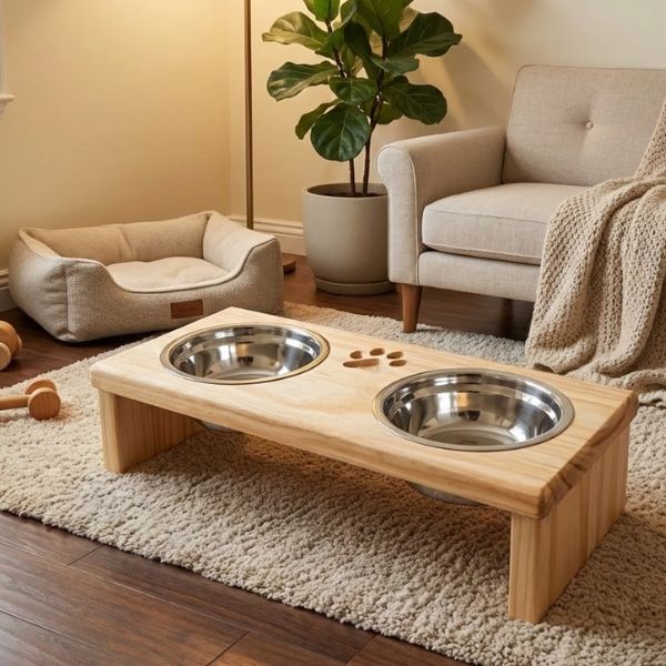 Comedouro Elevado Duplo com Potes Inox e Base em Pinus para Cachorro e Gato WoodBowl™