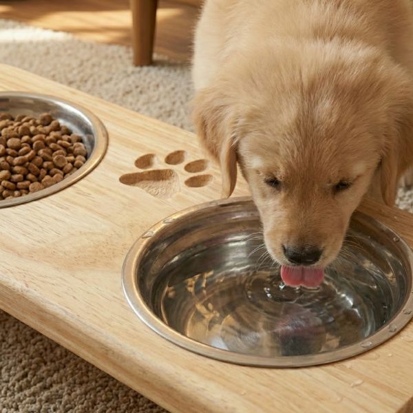 Comedouro Elevado Duplo com Potes Inox e Base em Pinus para Cachorro e Gato WoodBowl™