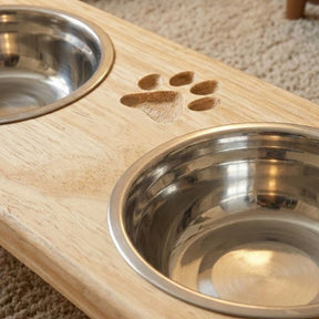 Comedouro Elevado Duplo com Potes Inox e Base em Pinus para Cachorro e Gato WoodBowl™