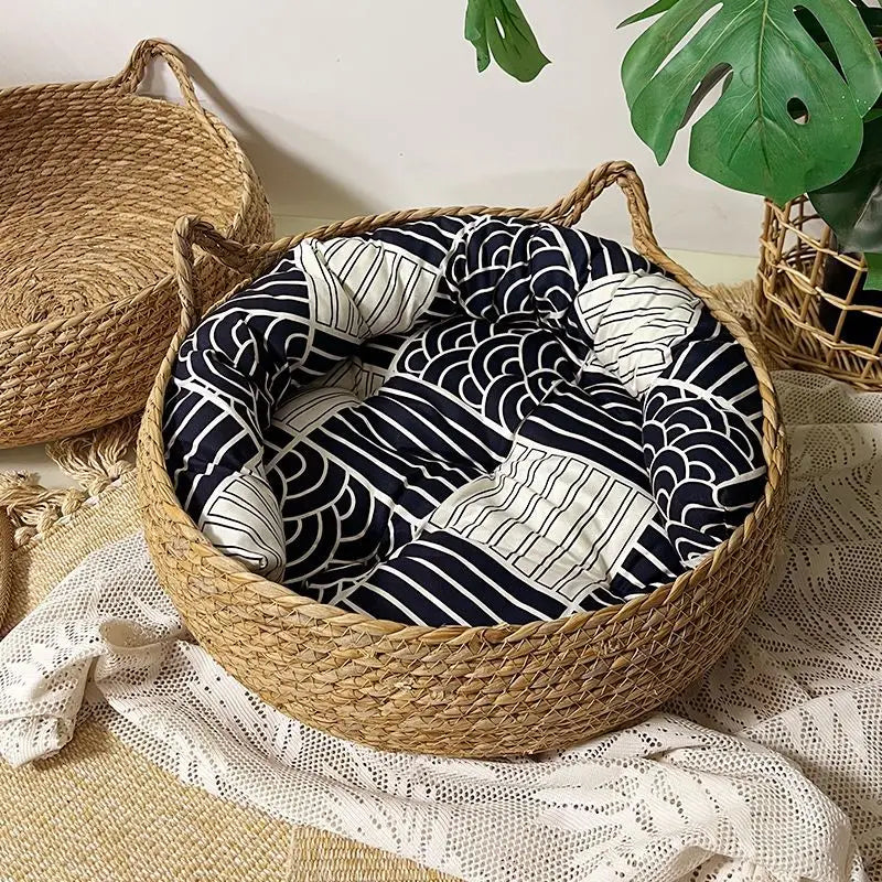 Cama Cesto para Gatos em Fibra Natural com Almofada – Snouty™ | Aconchego, Estilo e Conforto Natural