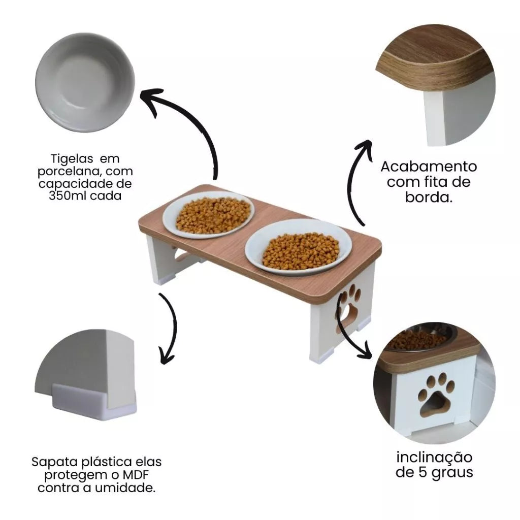 Comedouro Duplo Elevado Ergonômico em MDF 15mm com Tigela Inox ou Porcelana para Cachorro e Gato Madeccor™