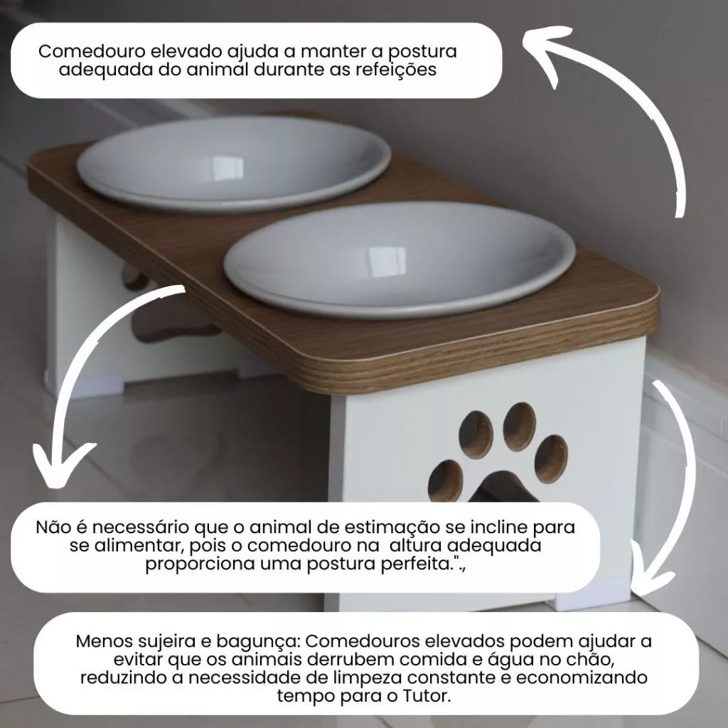 Comedouro Duplo Elevado Ergonômico em MDF 15mm com Tigela Inox ou Porcelana para Cachorro e Gato Madeccor™