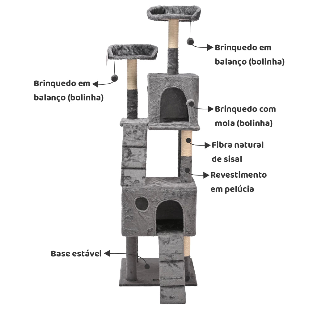 Arranhador Torre Multinível Luxuoso com Casas e Poleiros para Cachorro e Gato 175cm Grupo Melinda™