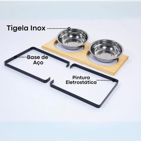 Suporte Duplo Elevado com Potes Inox para Cachorro e Gato – Base em Madeira Envernizada e Pés de Aço