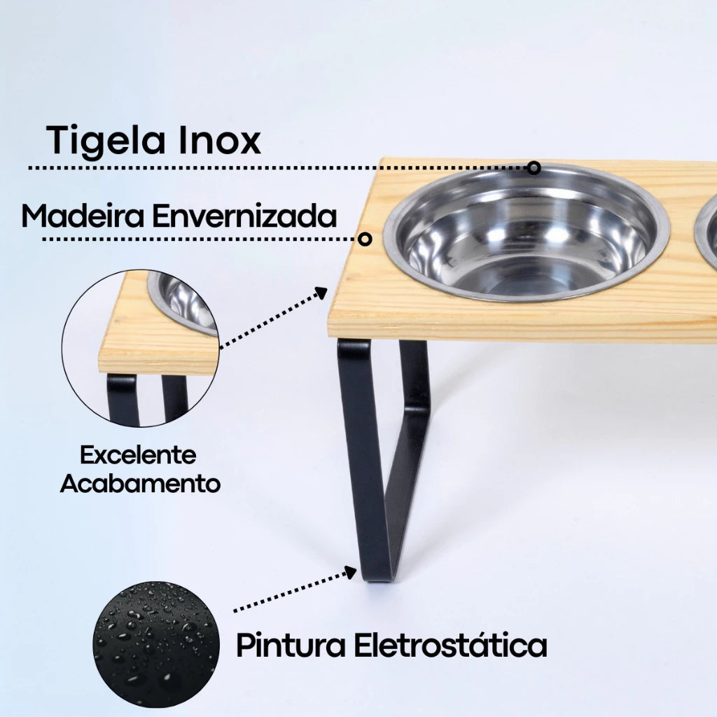 Suporte Duplo Elevado com Potes Inox para Cachorro e Gato – Base em Madeira Envernizada e Pés de Aço