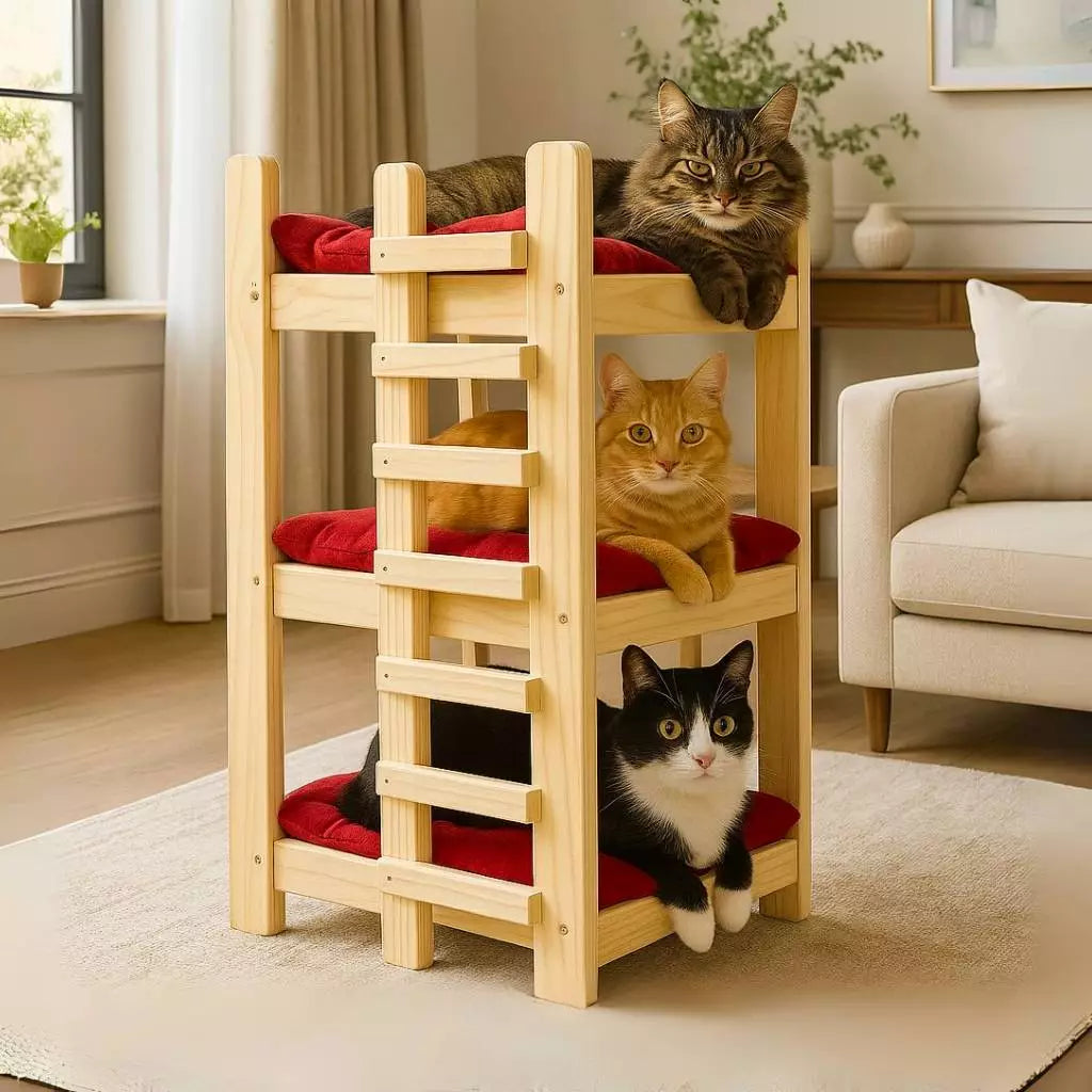Cama Treliche Madeira Maciça 3 Andares com Colchão Lavável para Cachorro e Gato Woodzy™