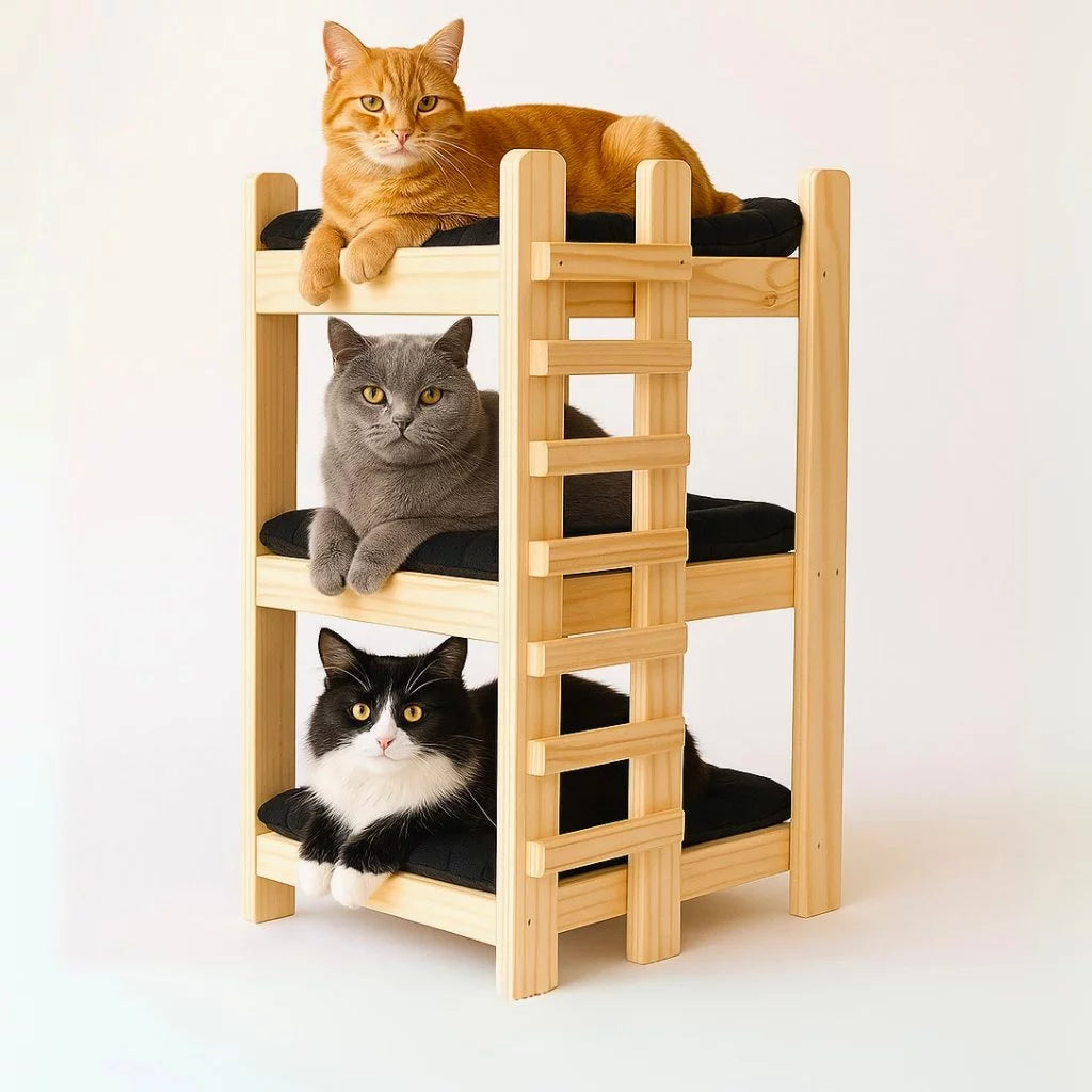 Cama Treliche Madeira Maciça 3 Andares com Colchão Lavável para Cachorro e Gato Woodzy™