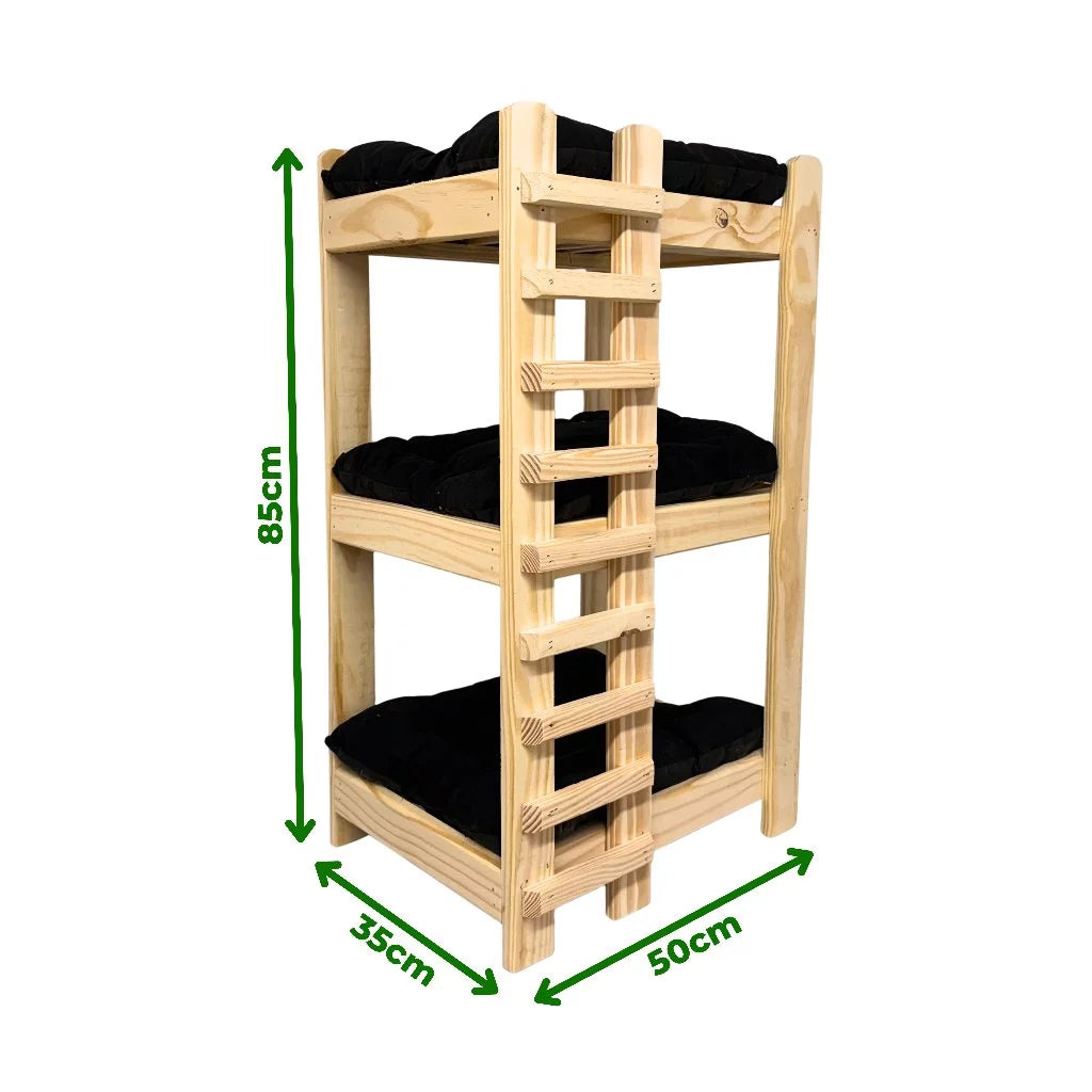 Cama Treliche Madeira Maciça 3 Andares com Colchão Lavável para Cachorro e Gato Woodzy™