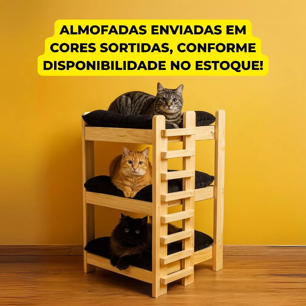 Cama Treliche Madeira Maciça 3 Andares com Colchão Lavável para Cachorro e Gato Woodzy™