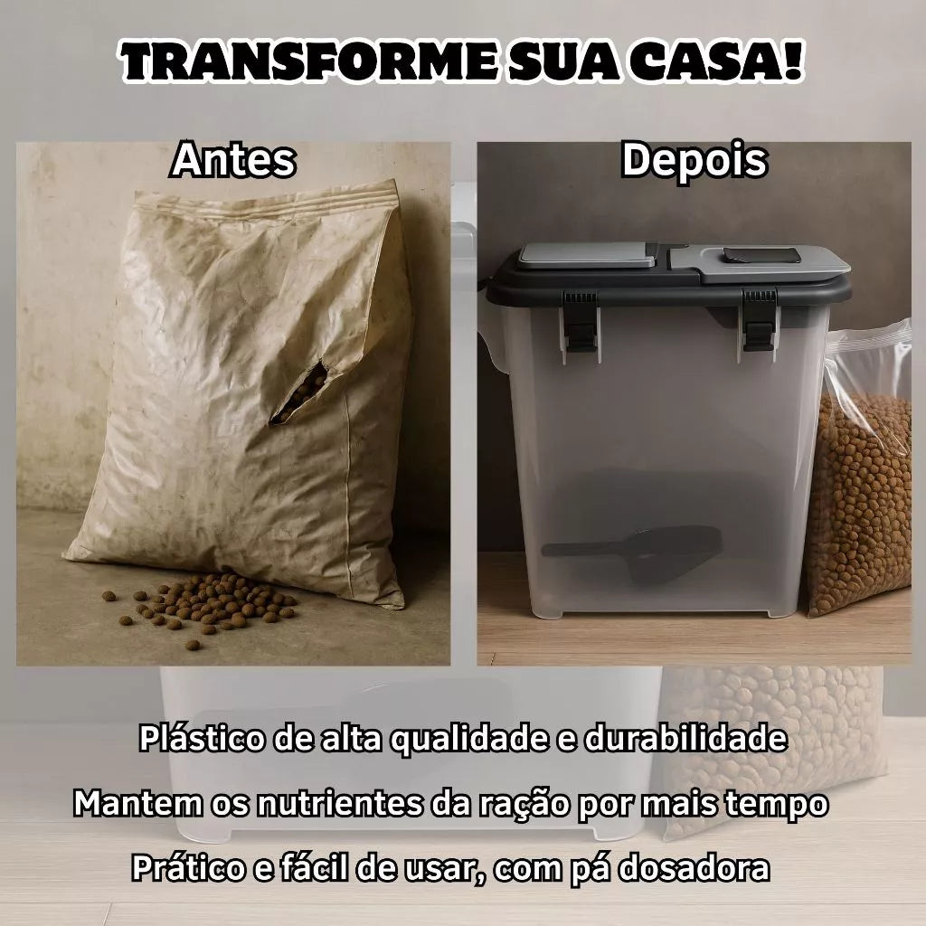 Porta Ração Hermético até 15kg com Vedação Completa e Pá Dosadora – Mecpet™ | Proteção Total e Organização